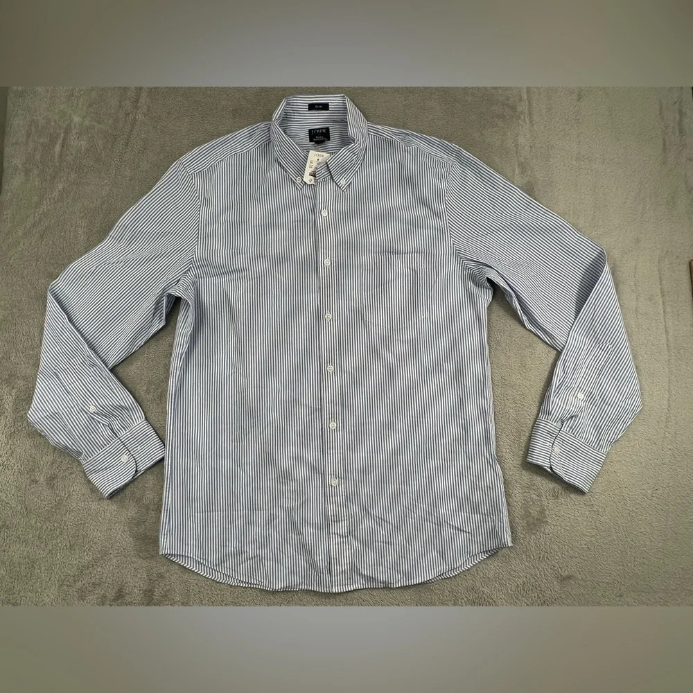 NEW J Crew L Slim Flex Washed Men's Blue White Striped Classic Long Sleeve Shirt